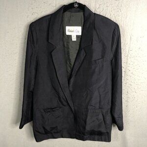 Vintage Silk Blazer Womens Medium Navy Blue Quiet Luxury Career Resort Coastal